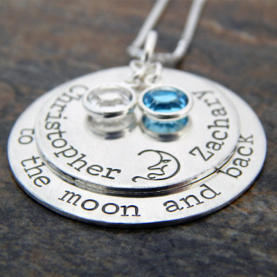 Custom Sterling Silver Mother's Necklace - To The Moon and Back with Kids Birthstones - Christmas Gift for Mom