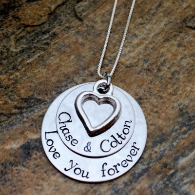 Custom Hand Stamped Name Necklace with Heart Charm - Personalised Jewellery - Christmas Gift for Mom