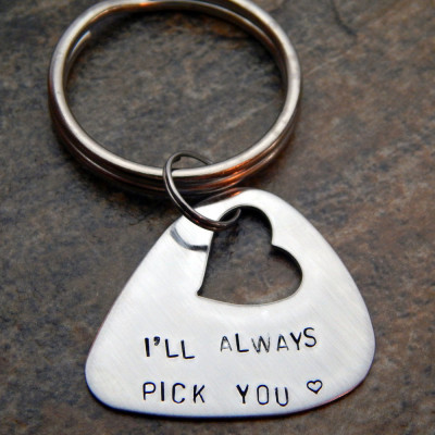 Personalised Guitar Pick Keychain - Hand Stamped Heart Cutout - Custom Gift for Him