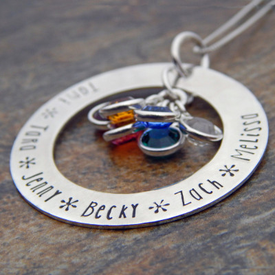 Custom Jewellery for Mom - Necklace w/ Kids Names & Birthstones - Xmas/Bday Gift for Her - Handmade Hand-Stamped