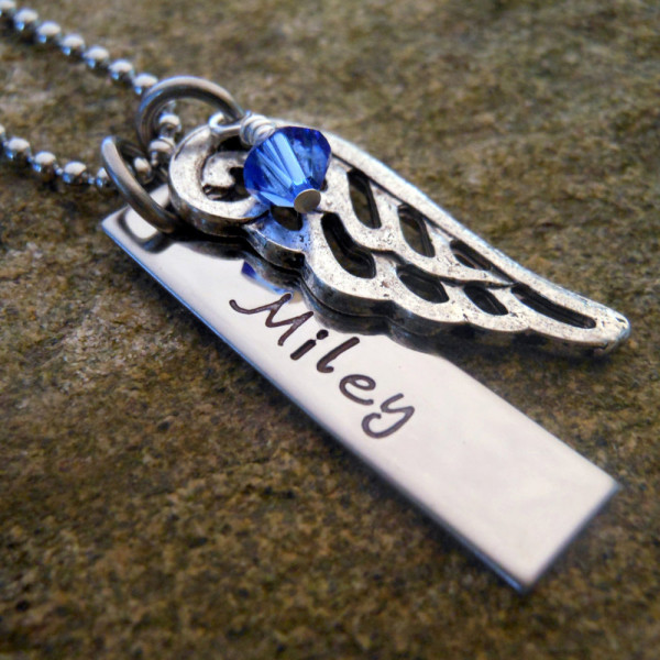 Custom Engraved Angel Wing with Birthstone Loss Memorial Necklace - Personalised Name Remembrance Jewellery