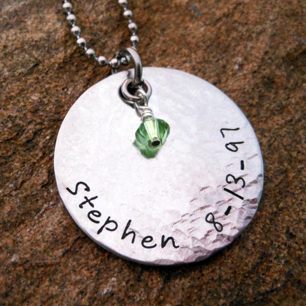 Custom Mother's Necklace with Textured Pendant, Birthstone Charms, Hand Stamped Letters - Perfect Christmas Gift