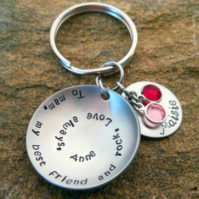 Personalised Christmas Gift for Mom - Hand Stamped Name Disc & Channel Drop with Spiraled Quote & Birthstones Keychain or Necklace