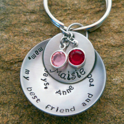 Personalised Christmas Gift for Mom - Hand Stamped Name Disc & Channel Drop with Spiraled Quote & Birthstones Keychain or Necklace