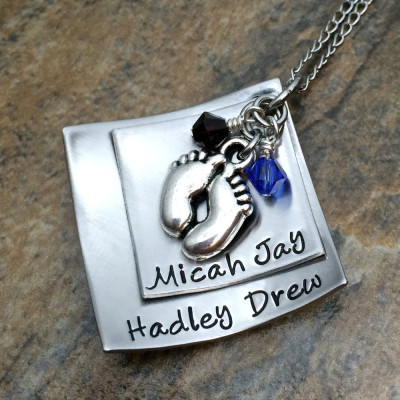 Personalised Hand Stamped Mothers Necklace with Footprint Charm and Birthstone — Perfect Christmas & Birthday Gift for Moms