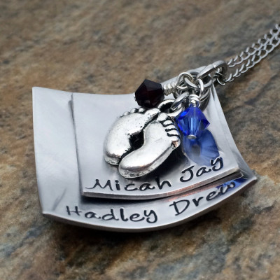 Personalised Hand Stamped Mothers Necklace with Footprint Charm and Birthstone — Perfect Christmas & Birthday Gift for Moms