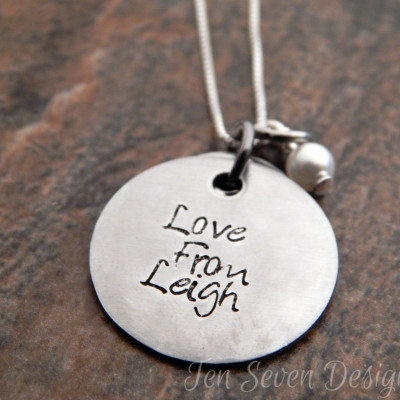 Personalised Hand Stamped Mother's Necklace with Textured Pendant & Pearl - Christmas Gift for Her