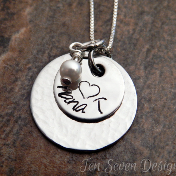 Personalised Hand Stamped Mother's Necklace with Textured Pendant & Pearl - Christmas Gift for Her