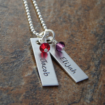 Personalised Birthstone Necklace with Individual Name- Hand Stamped Sterling Silver - Ideal Christmas Gift for Her