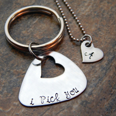 Personalised Keychain and Necklace Set: I Pick You Initial Heart Necklace - Anniversary Gift for Couples - His & Hers Set