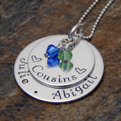 Personalised Two-Layer Sterling Silver Cousins Necklace Hand Stamped with Birthstones