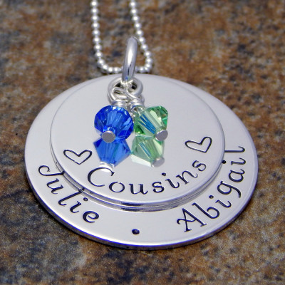 Personalised Two-Layer Sterling Silver Cousins Necklace Hand Stamped with Birthstones