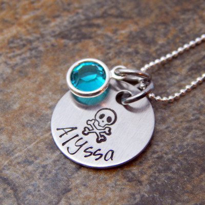 Custom Steling Silver Name Necklace w/ Skull & Cross Bones - Jolly Roger Charm - Christmas Gift for Her