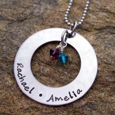 Personalised Hand Stamped Sterling Silver Name Necklace with Birthstones - Christmas Gift for Mom or Birthday Gift for Her