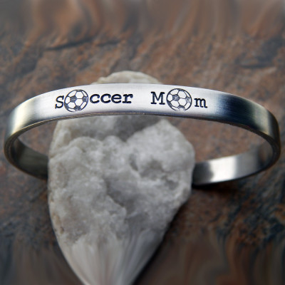 Hand Stamped Soccer Mom Bracelet - Custom Christmas Gift for Her: Sports Mom Gift with Soccer Ball Stamp