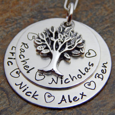 Personalised Sterling Silver Family Tree Necklace with Layered Mother's Pendant Charm