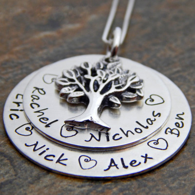 Personalised Sterling Silver Family Tree Necklace with Layered Mother's Pendant Charm