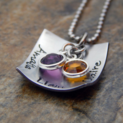 Personalised Sterling Silver Mother's Necklace - Square Pendant with Birthstones & Hand-Stamped Christmas Gift