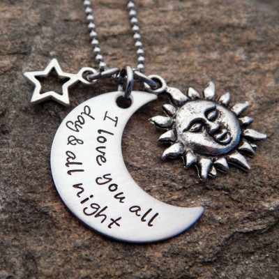 Personalised Hand Stamped Mother's Necklace - Sun, Moon, and Star Jewellery - Birthday or Christmas Gift for Mom