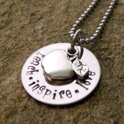 Teach, Inspire, Love Necklace - Custom Teacher Gift - Hand Stamped Apple Charm - Birthday Jewellery