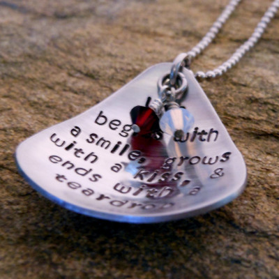 Personalised Birthstone Teardrop Pendant Necklace with Hand Stamped Quote - Christmas Birthday Gift for Her