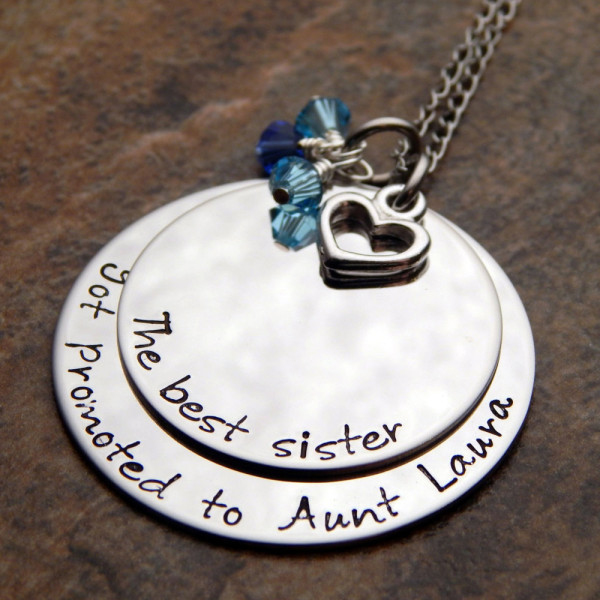 Personalised Aunt Gift Hand Stamped Necklace with Birthstone Jewellery - Sister Promoted to Aunt Gift for Her