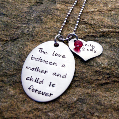 Personalised Sterling Silver Mother's Necklace with Heart and Birthstone - Christmas Gift for Unconditional Love between Mother and Child
