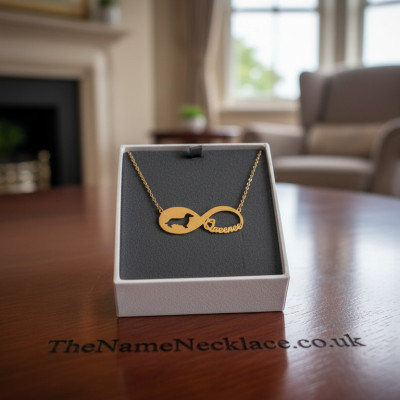 18k Gold Personalised Infinity Long Haired Dachshund Name Necklace