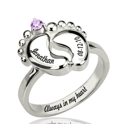 Engraved Baby Feet Ring with Birthstone Sterling Silver  With My Engraved