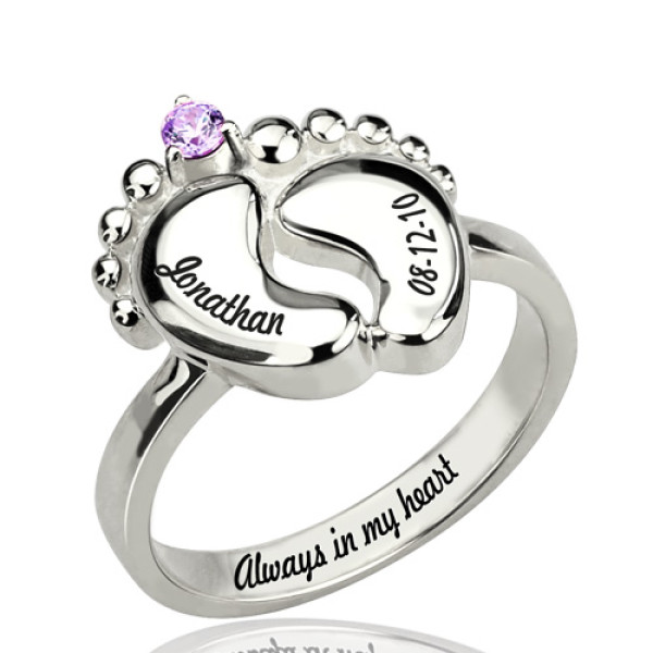 Personalised Baby Feet Ring with Birthstone Sterling Silver