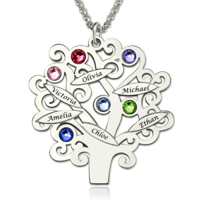 Personalised Sterling Silver Family Tree Necklace with Birthstones Gift