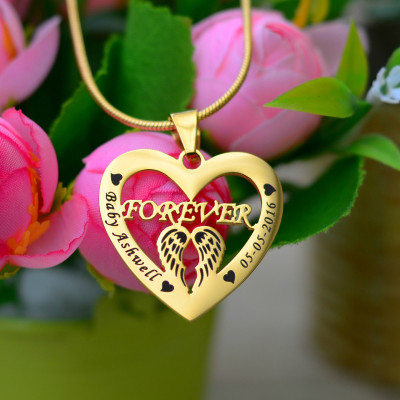 Personalised Heart and Angel Pendant Necklace - 18K Gold Plated