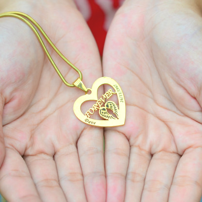 Personalised Heart and Angel Pendant Necklace - 18K Gold Plated