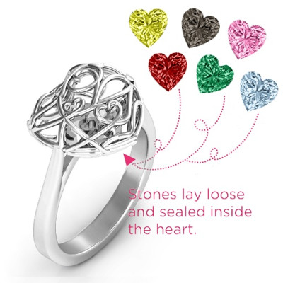 Sterling Silver Caged Hearts Engagement Ring with Fishtail Band