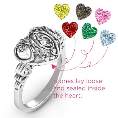Sterling Silver Cursive Mom Caged Hearts Ring with Butterfly Wings Band