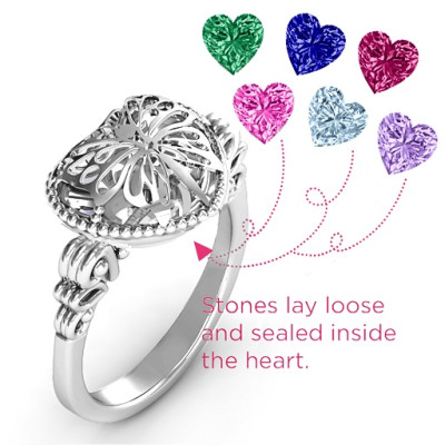 Sterling Silver Butterfly Caged Heart Ring with Butterfly Wing Band