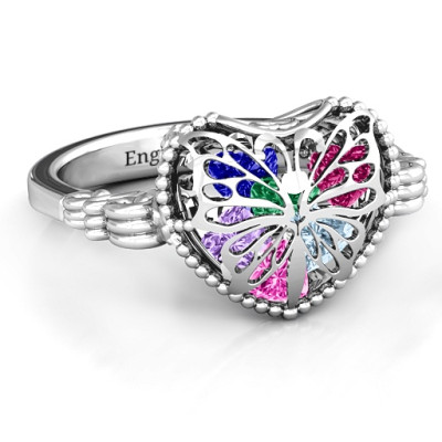 Butterfly Caged Hearts Ring with Butterfly Wings Band - By The Name Necklace;