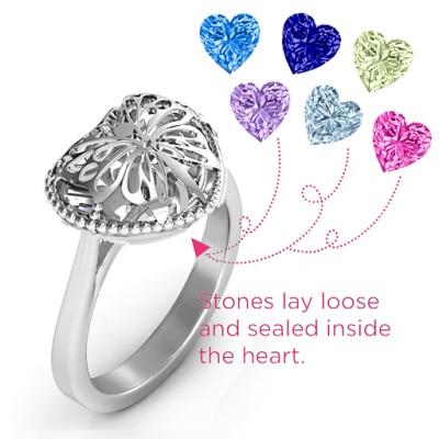 Stunning Butterfly Caged Hearts Ring with Sleek Ski Tip Band
