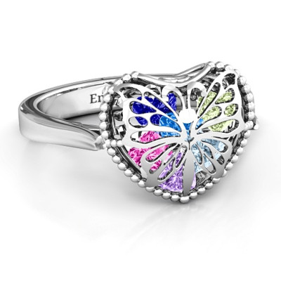 Butterfly Caged Hearts Ring with Ski Tip Band - By The Name Necklace;