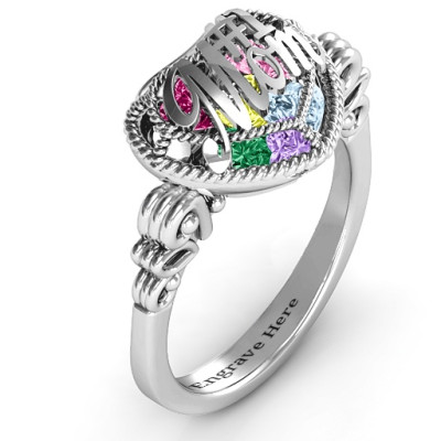 #1 Mom Caged Hearts Ring with Butterfly Wings Band - By The Name Necklace;