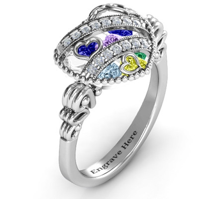 Stylish Diamonds in Heart Cage Ring with Butterfly Wing Accent Band