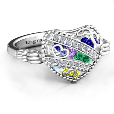 Sparkling Diamond Hearts Caged Hearts Ring with Butterfly Wings Band - By The Name Necklace;