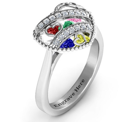 Stunning Caged Sparkling Heart Ring with Ski Tip Band
