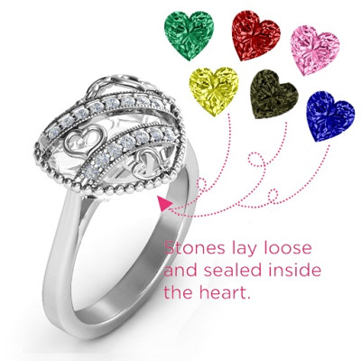 Stunning Caged Sparkling Heart Ring with Ski Tip Band