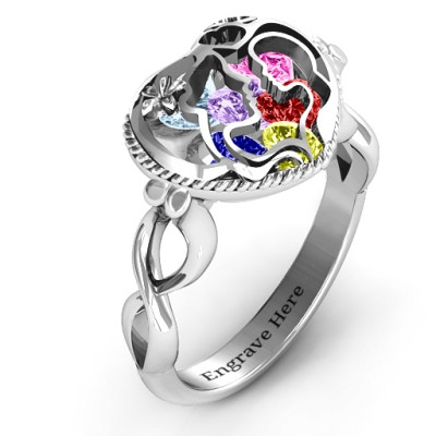 Sterling Silver Mother & Child Caged Hearts Infinity Ring