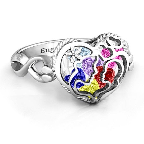 Sterling Silver Mother & Child Caged Hearts Infinity Ring