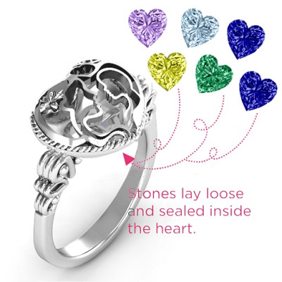 Sterling Silver Mother & Child Caged Hearts Ring w/ Butterfly Wings Band
