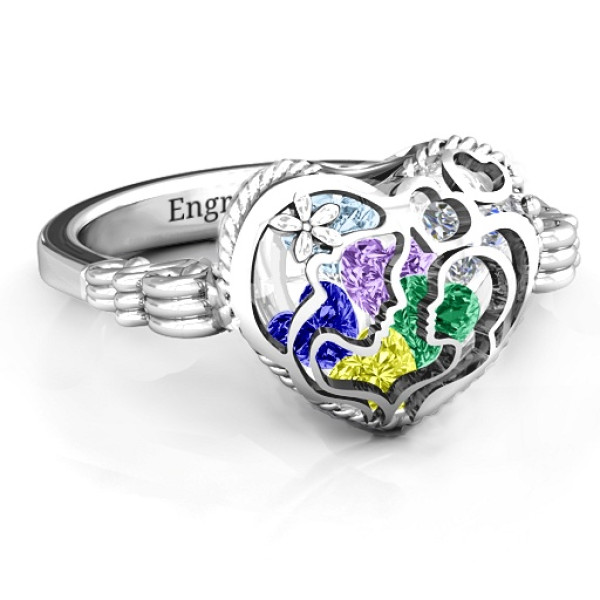 Sterling Silver Mother & Child Caged Hearts Ring w/ Butterfly Wings Band