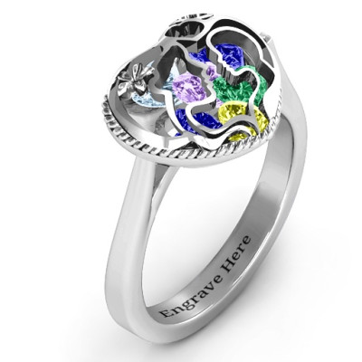 Sterling Silver Mother and Child Caged Hearts Ring with Ski-Tip Band