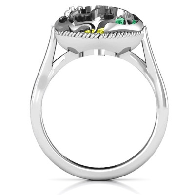 Sterling Silver Mother and Child Caged Hearts Ring with Ski-Tip Band